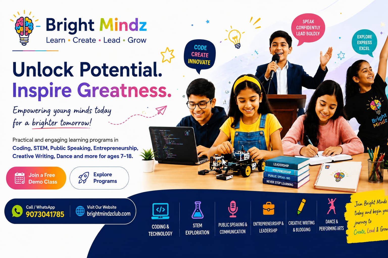 Bright Mindz children learning coding, public speaking and creativity